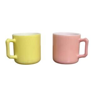 Vintage Americana Hazel Atlas Milk Glass Mug Set of Two in Pastel Pink & Yellow